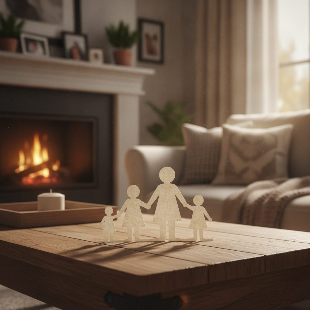 A paper-cutout family on a warm wooden table beside a cozy fireplace